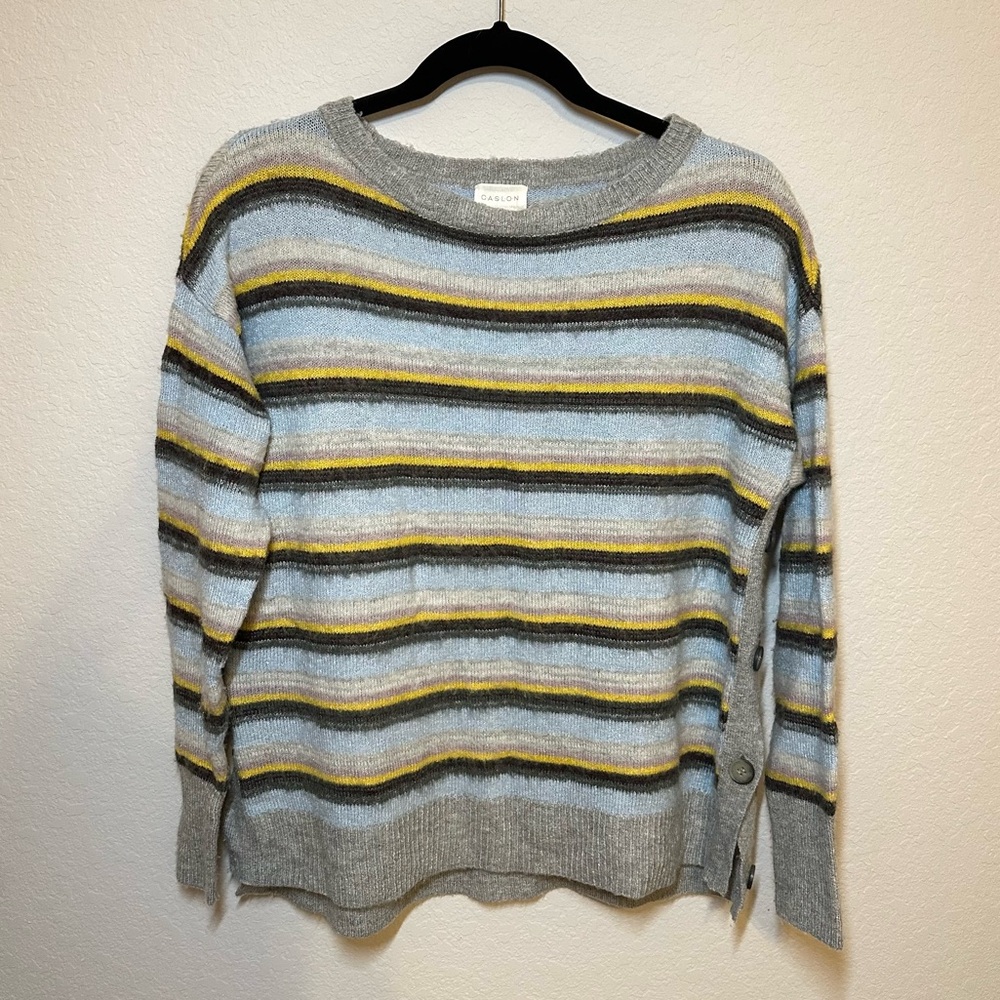 Caslon Multicolor Striped Cozy Sweater Women's XS Grey Yellow Blue, Side Buttons